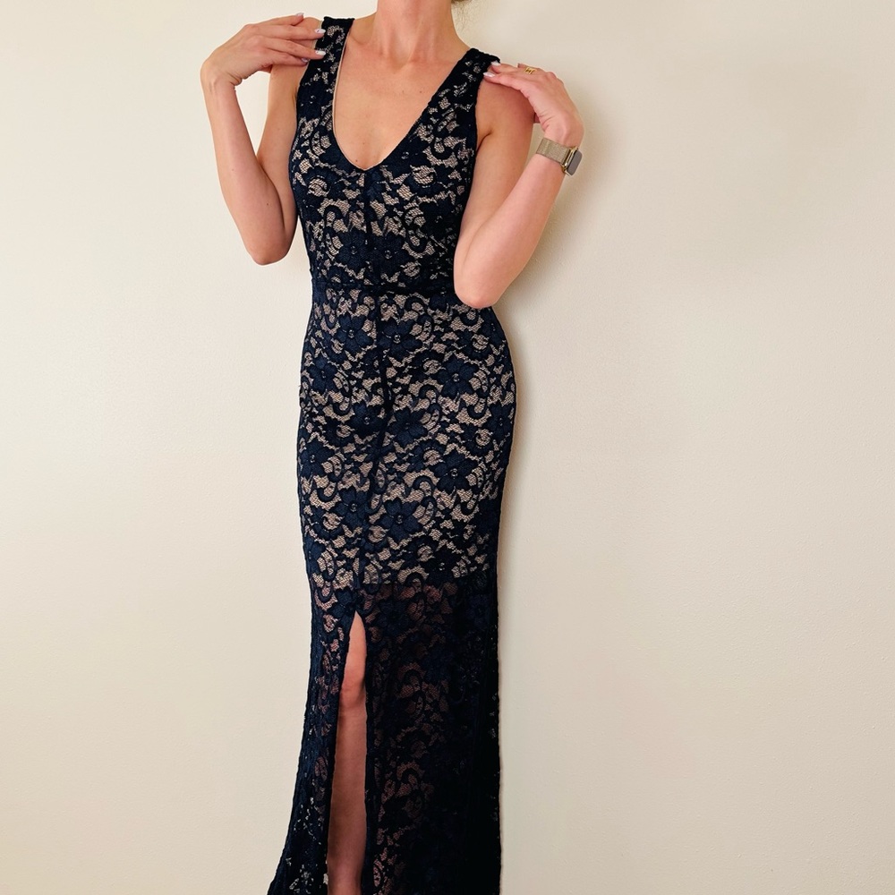 New Belle Badgley Mischka Dress navy Blue Lace Overlay Maxi Evening